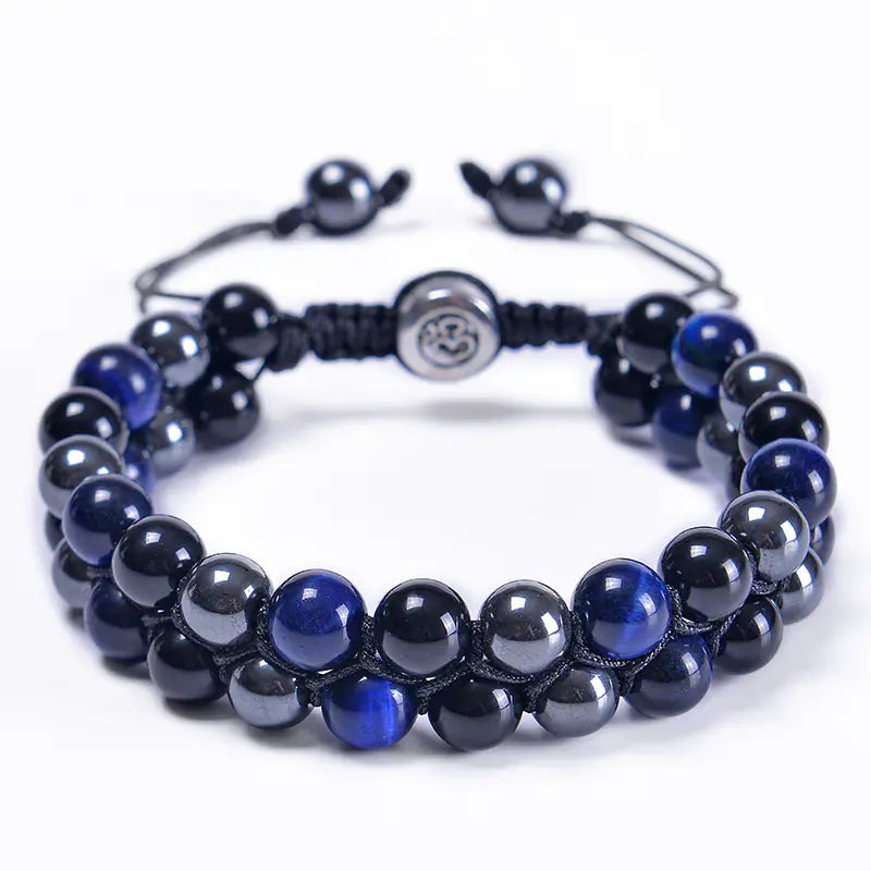 8MM Blue Tiger Eye & Black Magnetic Beaded Bracelet