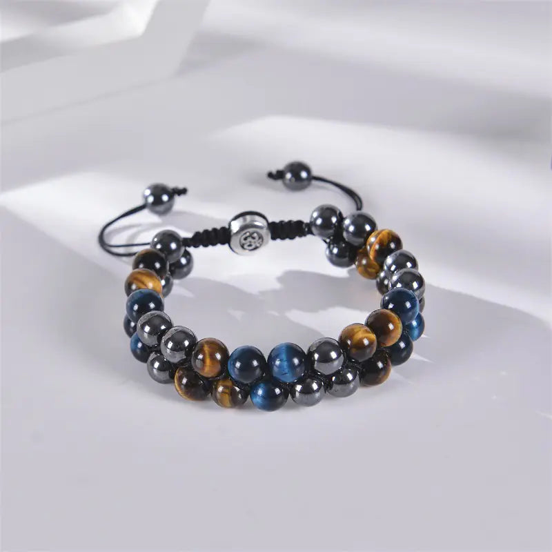 8MM Blue Tiger Eye & Black Magnetic Beaded Bracelet
