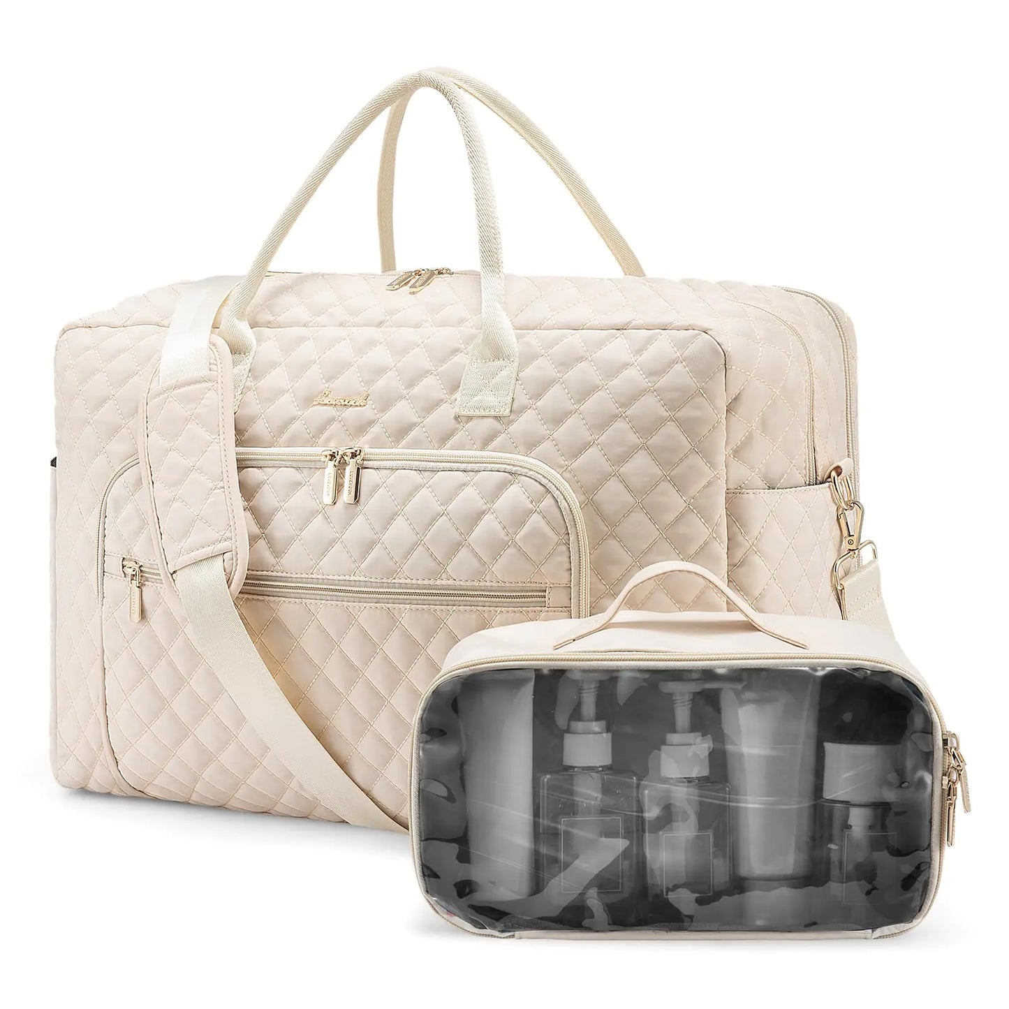 LOVEVOOK Travel Duffle Bag Weekender Bag for Women with Toiletry Bag Carry on Overnight Bag with Laptop Compartment Yoga Gym Bag with Wet Pocket Shoe Bag Hospital Bag for Labor and Delivery Beige