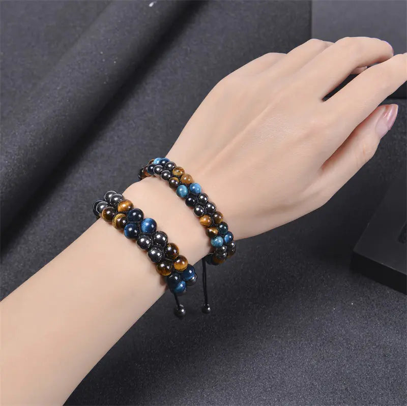 8MM Blue Tiger Eye & Black Magnetic Beaded Bracelet
