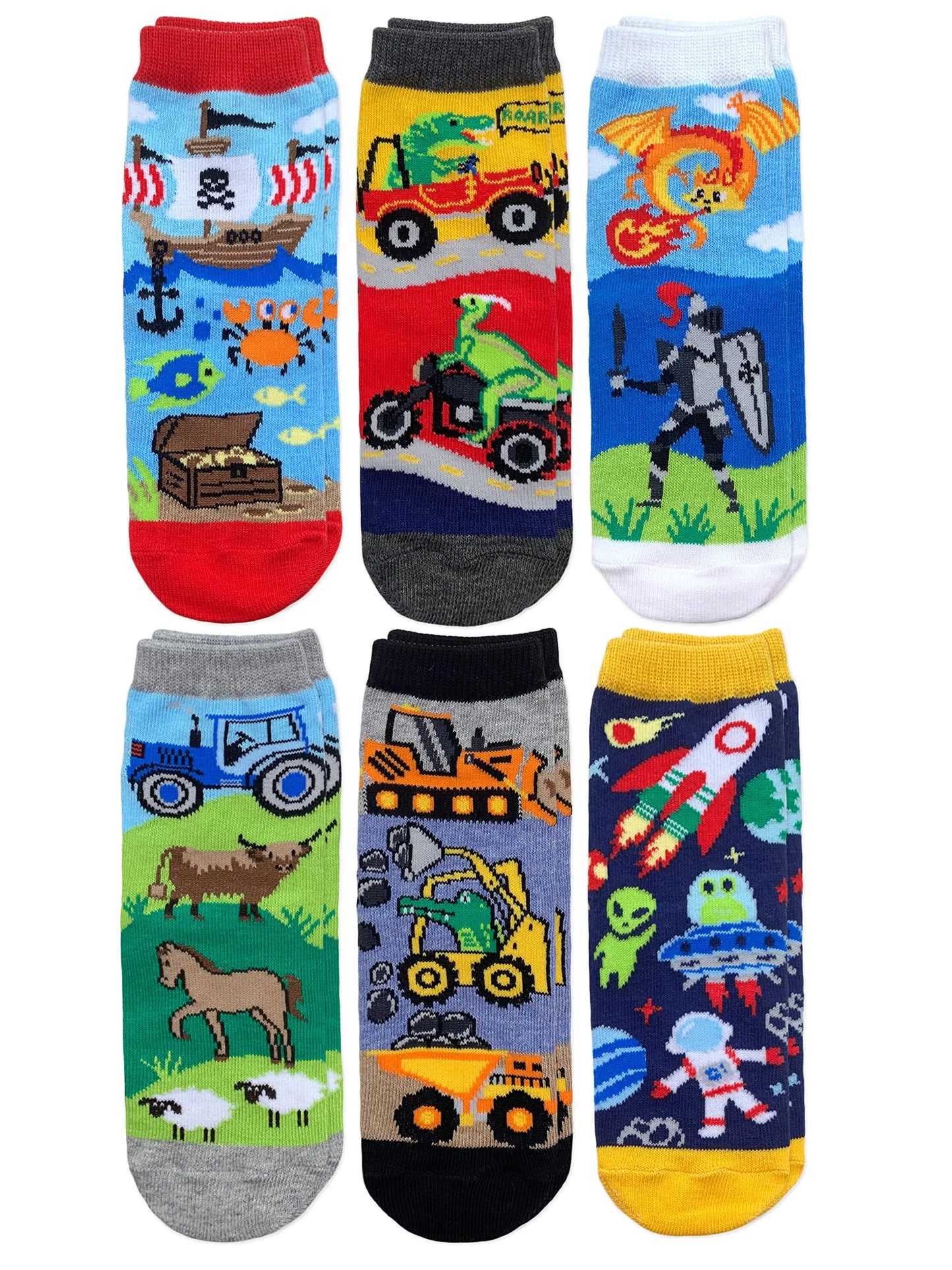Jefferies Socks Boys Space Pirate Dinosaur Fun Colorful Pattern Crew Socks 6 Pack Multi 12-24 Months