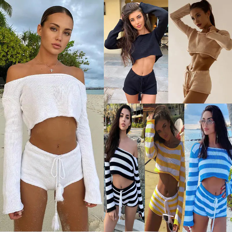 2024 Spring/Summer Women's Striped Knit Crop Set