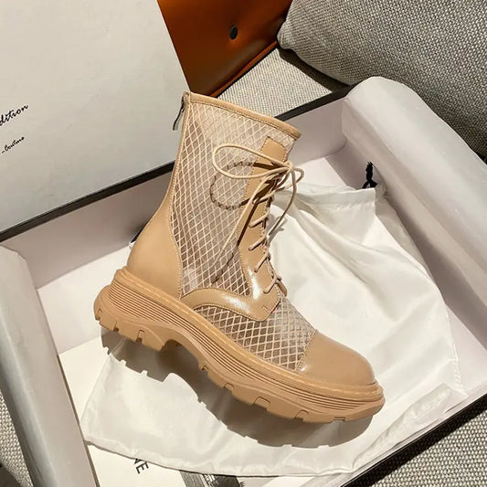 Short Martin Boots with Trifle Heel and Lace-Up Design