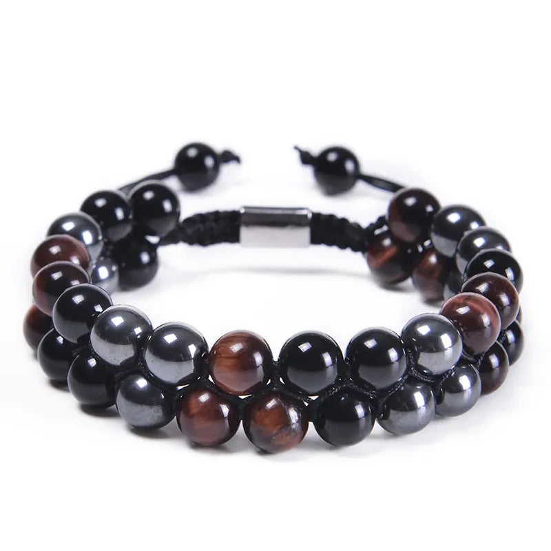 8MM Blue Tiger Eye & Black Magnetic Beaded Bracelet