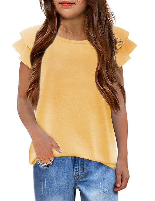 Arshiner Girls Casual Cute Tee Round Neck Petal Sleeve Shirts Solid Yellow Color Basic Tunic Tops for Kids Girl 7-8 Years