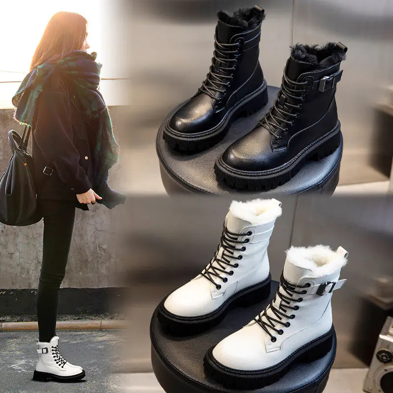 Women's Thick Heel Wool Martin Boots with Cashmere