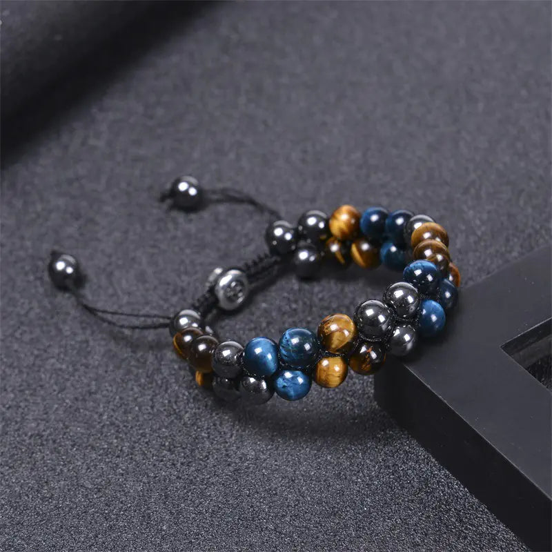 8MM Blue Tiger Eye & Black Magnetic Beaded Bracelet