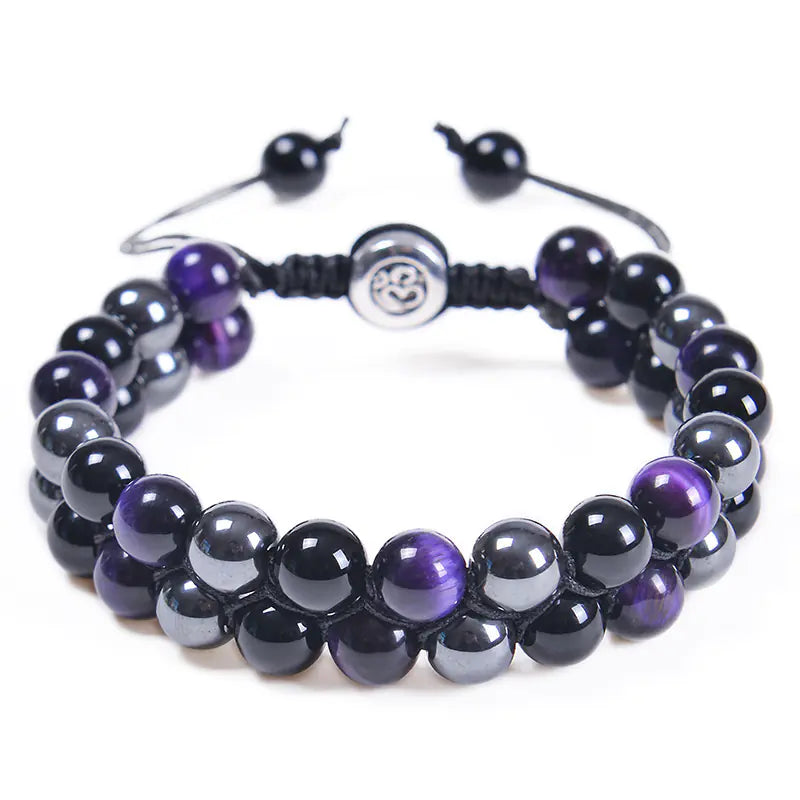 8MM Blue Tiger Eye & Black Magnetic Beaded Bracelet