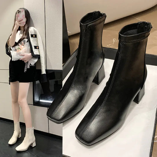 Women's Martin Boots with Thick Heel and Square Toe