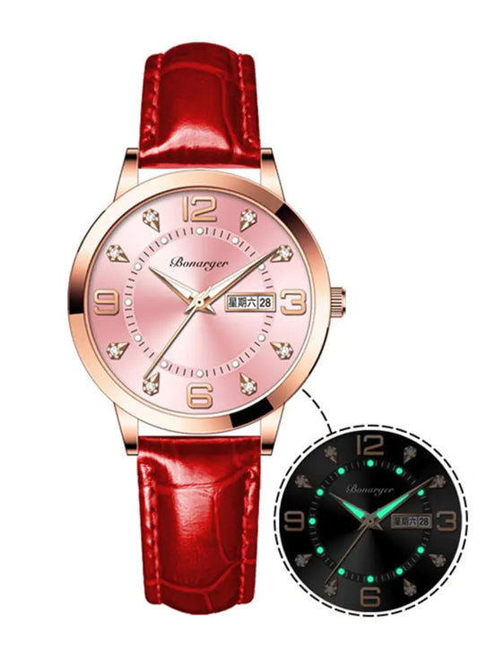 BESTKANG Women Watches Ladies Dress Analog Quartz Date Classic Luminous Leather Strap 3ATM Waterproof Female Wrist Watch (Red and Pink)