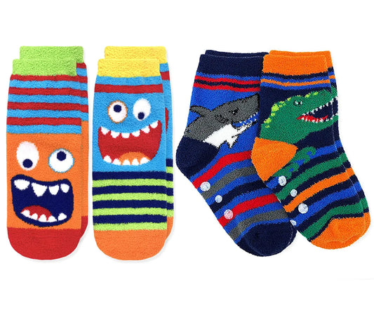 Jefferies Socks Boys Fuzzy Snowman Dinosaur Shark Non Skid Slipper Socks 4 Pack (Small Monster/Dino/Shark)