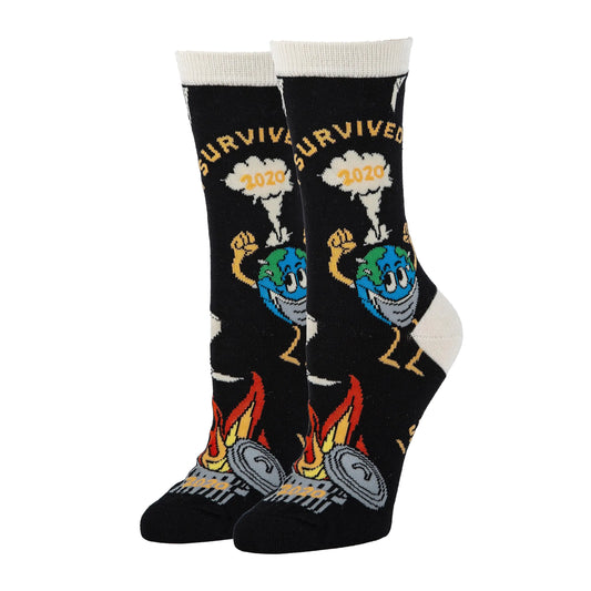 Womens Novelty Crew Socks - I Survived Oooh Yeah Funny Fun Crazy Cool Socks