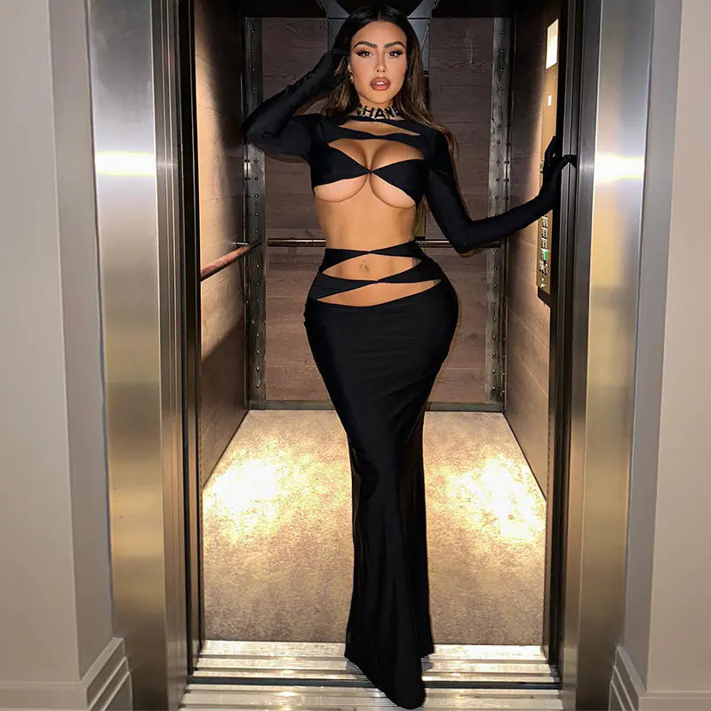 2023 Women's Fashion Hollow Crop Top and Skirt Set