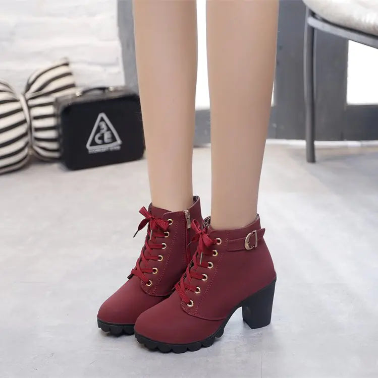 Thick-heel Martin Boots with Cross-lace Design