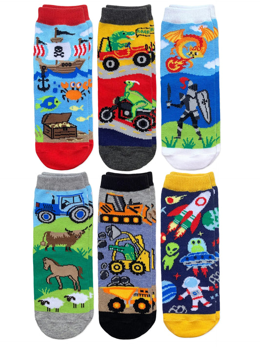 Jefferies Socks Boys Space Pirate Dinosaur Fun Colorful Pattern Crew Socks 6 Pack Multi 12-24 Months