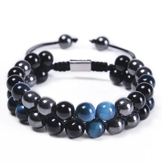 8MM Blue Tiger Eye & Black Magnetic Beaded Bracelet