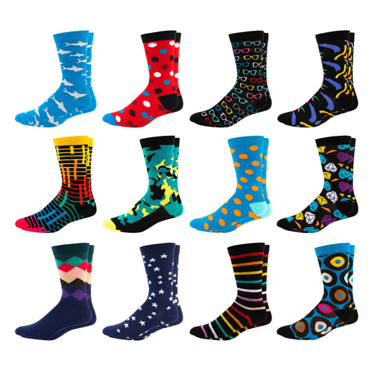Mitch Bogen Mens Colorful Dress Socks - Fun Patterned Funky Crew Socks For Men - 12 Pack (Style 2 Sock Size 10-13Shoe Size 6-12)