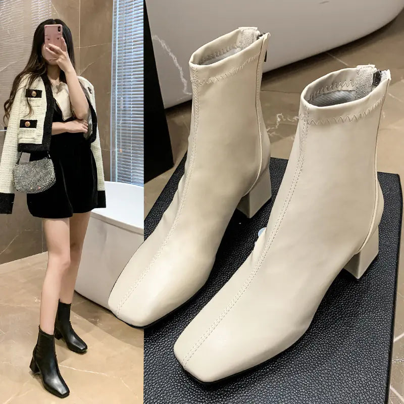 Women's Martin Boots with Thick Heel and Square Toe