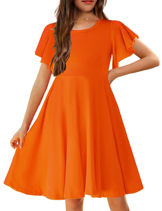 Arshiner Girls Dress Butterfly Sleeve Stretch A-Line Swing Skater Twirl School Dress with Pockets Orange Kids 8-9 Y