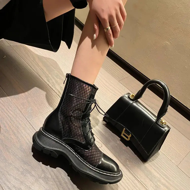 Short Martin Boots with Trifle Heel and Lace-Up Design